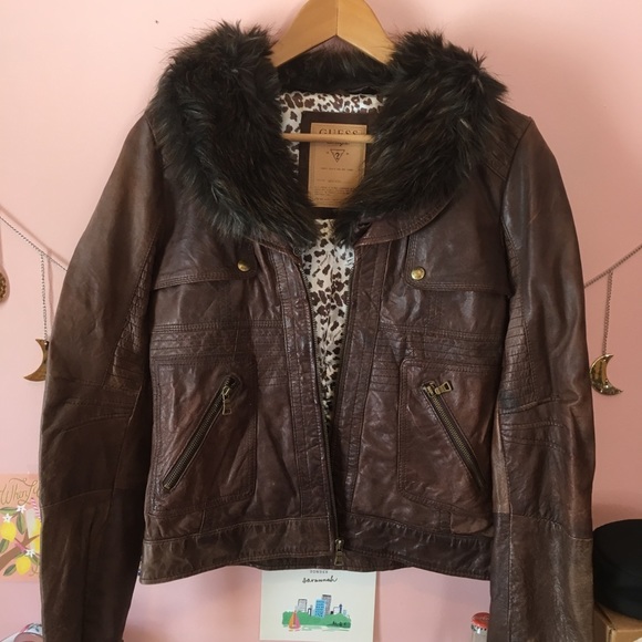 GUESS Brown Leather Jacket - Picture 1 of 7
